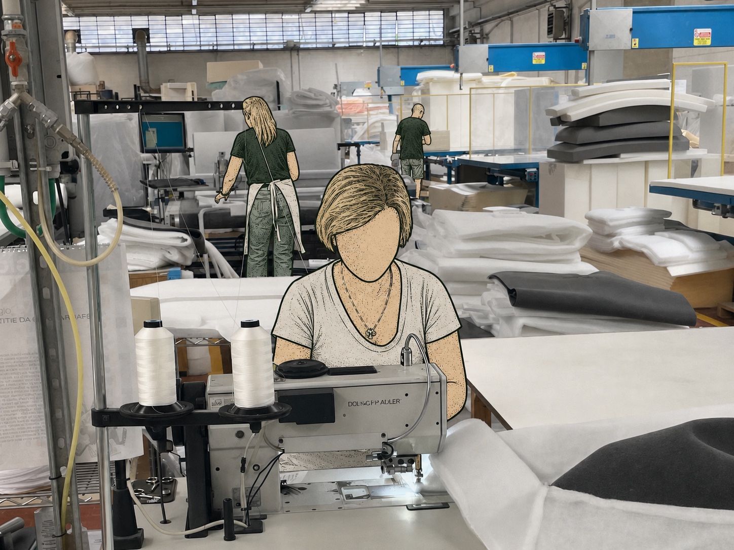 Lavorazione alla macchina da cucire nel reparto FORMANOVA